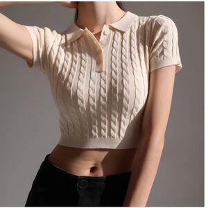 Elegant Cream Knit Cropped Polo Top